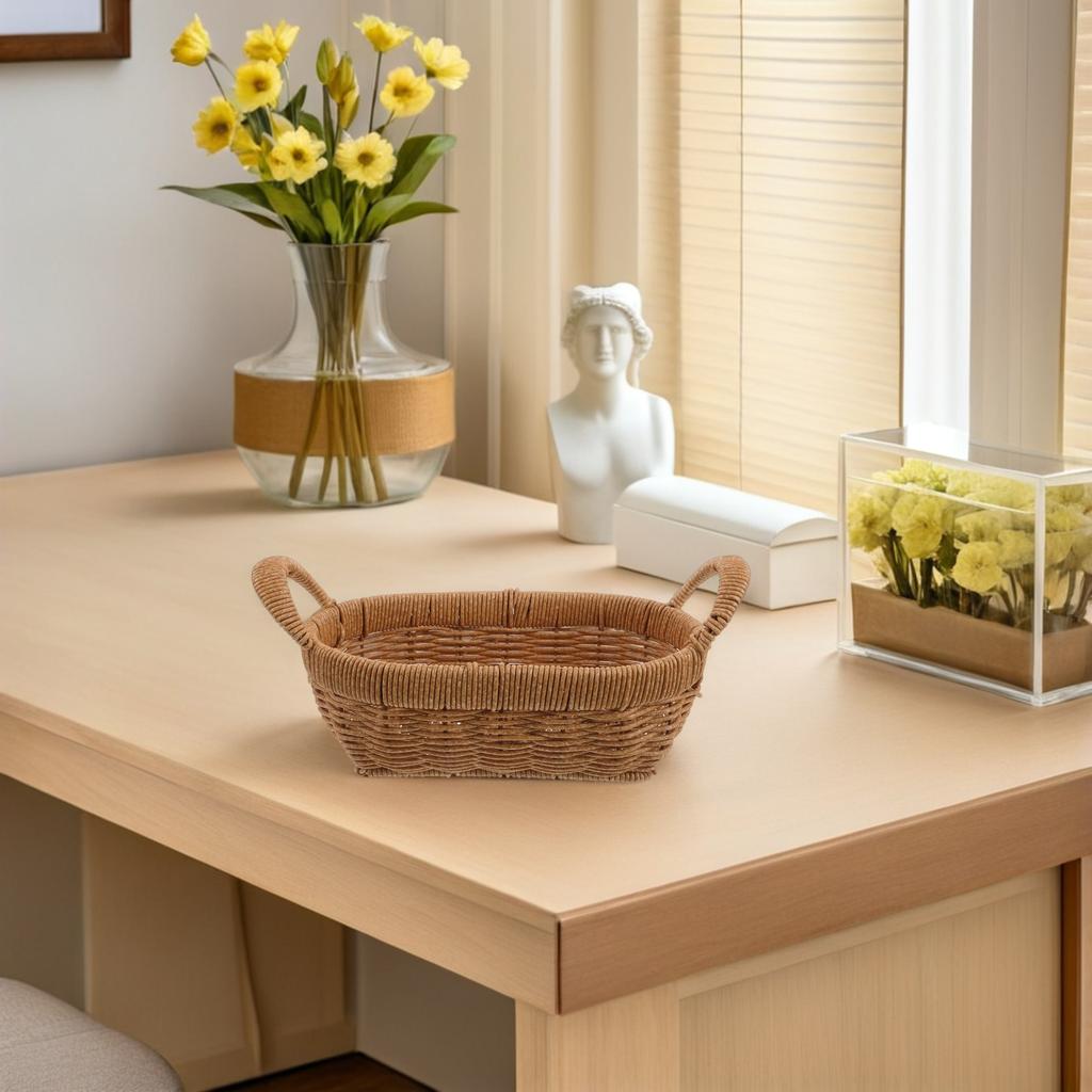 Small Oval Imitation Rattan Storage Basket with Handles Classic Farmhouse Bread Serving Tray Kitchen Counter Display Fruit Nuts