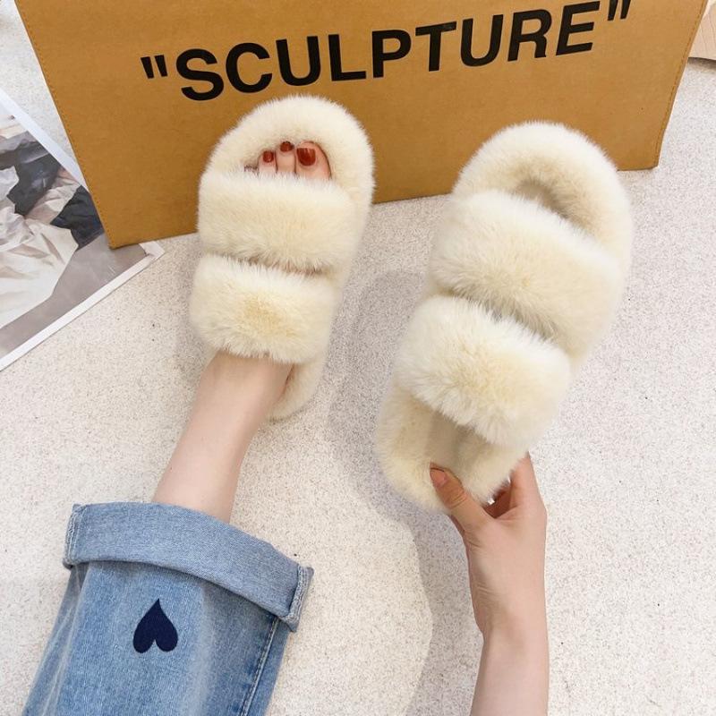 Autumn and winter new double with fluff mop outer wear fashion casual women's one-word cotton slippers flat bottom home plush slippers