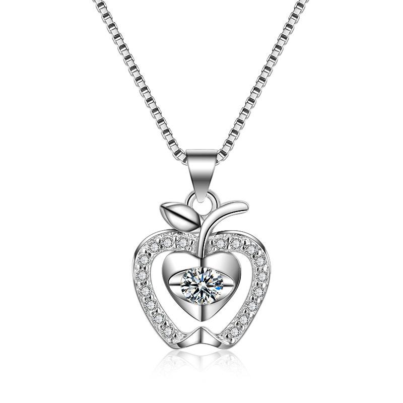 Korean Style Sterling Silver Apple Pendant with Diamonds - Fresh Fruit Christmas Jewelry