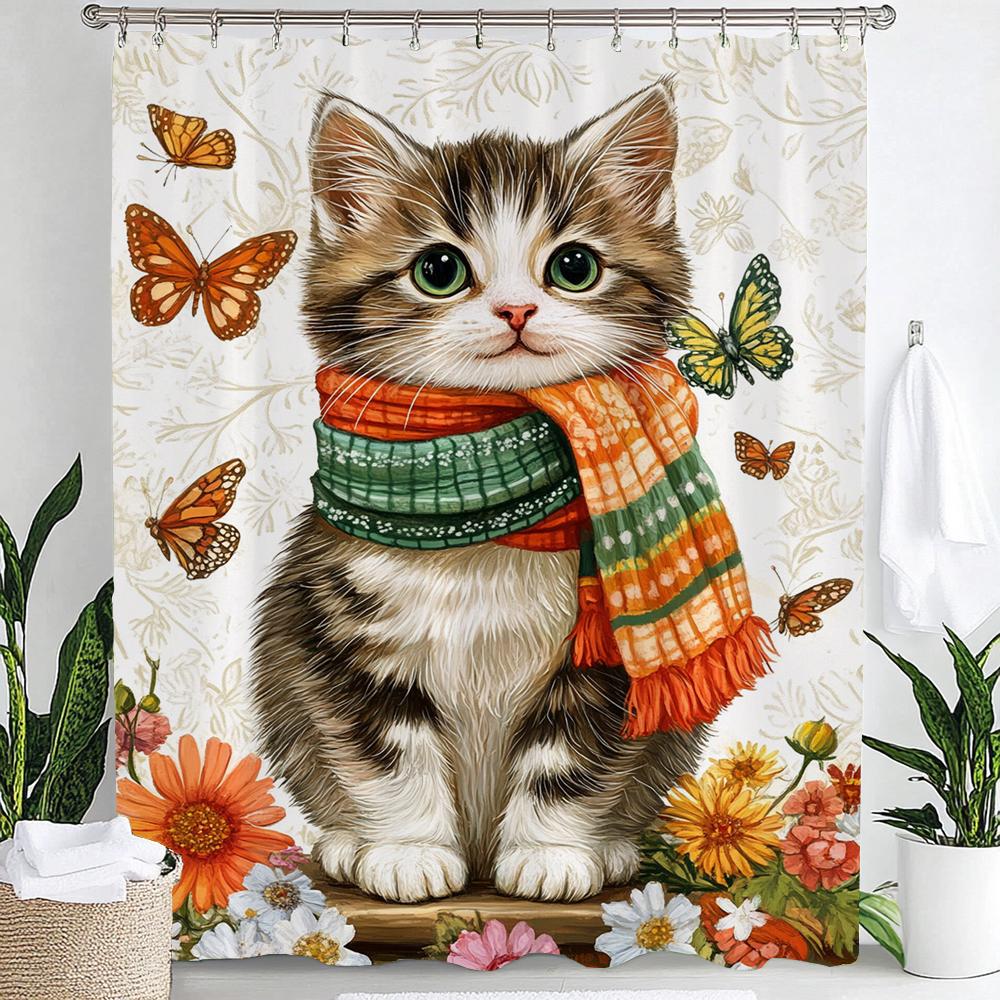Funny Cat Shower Curtains Cute Cartoon Cat Bath Curtain,3d Printed Creative Bathroom Accessories Home Decoration With Hooks
