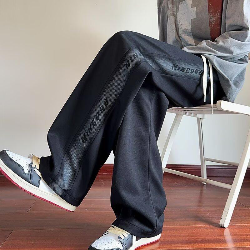 Men s New Lace-Up Casual Pants Loose Straight-Leg Sports Trousers M чёрный