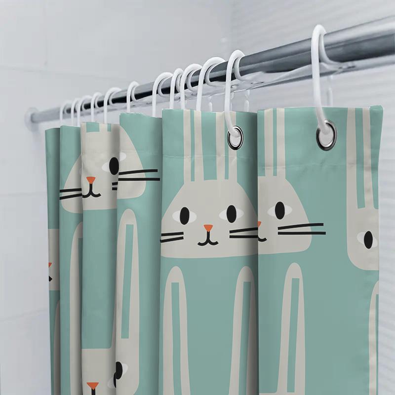 Adorable Bunny Print Shower Curtain For Bathroom Decoration Washable Fabric, Waterproof Design Suitable For Home Use.