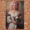Vintage Metal Tin Sign with Elegant Woman  Flower Bouquet Wall Art Decor for Home Shop 787x1181 Inch Retro Plaque with P