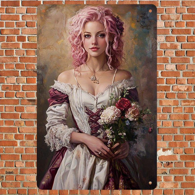 Vintage Metal Tin Sign with Elegant Woman Flower Bouquet Wall Art Decor for Home Shop 787x1181 Inch Retro Plaque with P