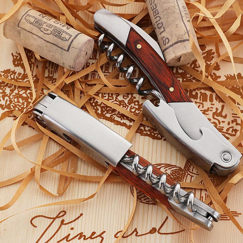 Red Wine Corkscrew With Wooden Handle Multi-function Portable Stainless Steel Bottle Opener Wine