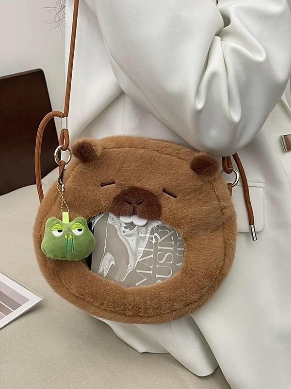 Plush Cartoon Capybara Shoulder Bag With Zipper Closure For Daily Use