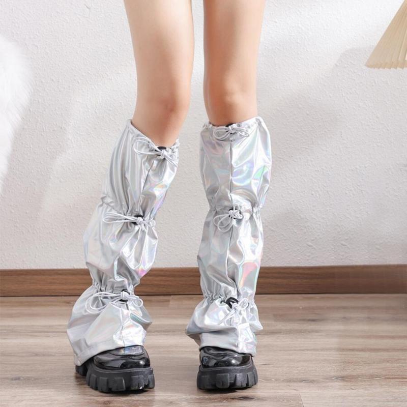 Japanische Frauen Süßes Mädchen Beinstulpen Lange Socken Harajuku Punk Kordelzug Holografische Beinabdeckung mit Verstellbarer Länge