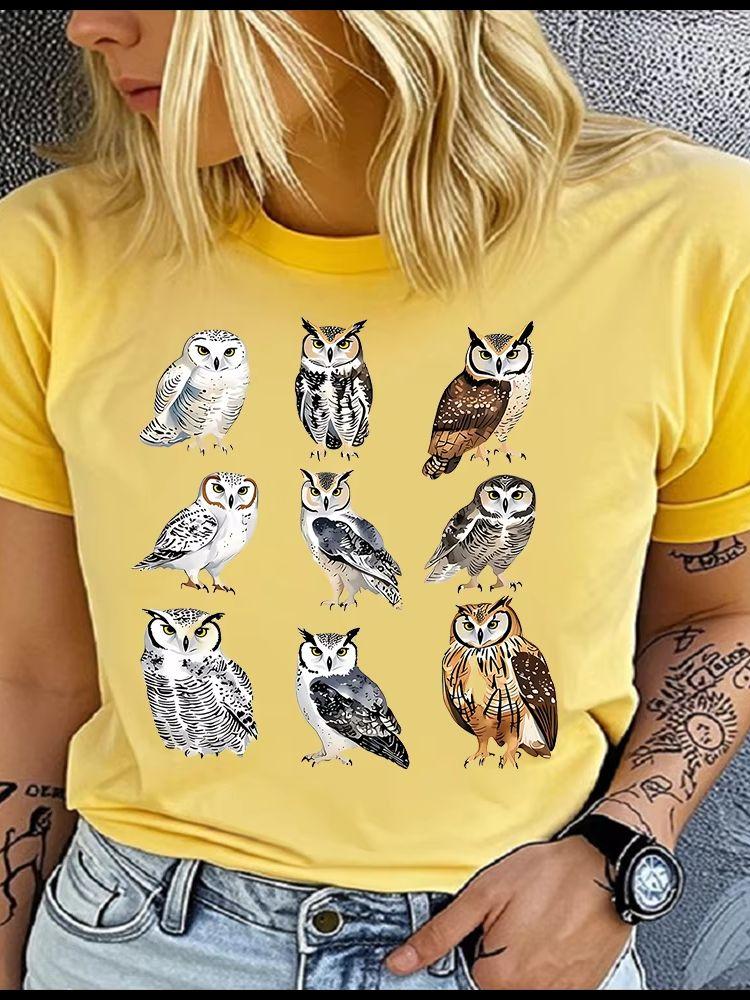 Unisex 100% Polyester Summer Top Different Breeds and Styles of Owls Print Loose Round Neck Short Sleeve Fashion for Lovers