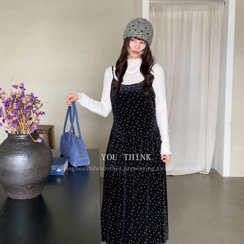 13th Row Winter Korean Sleeveless Floral Corduroy Dress One Size чёрный