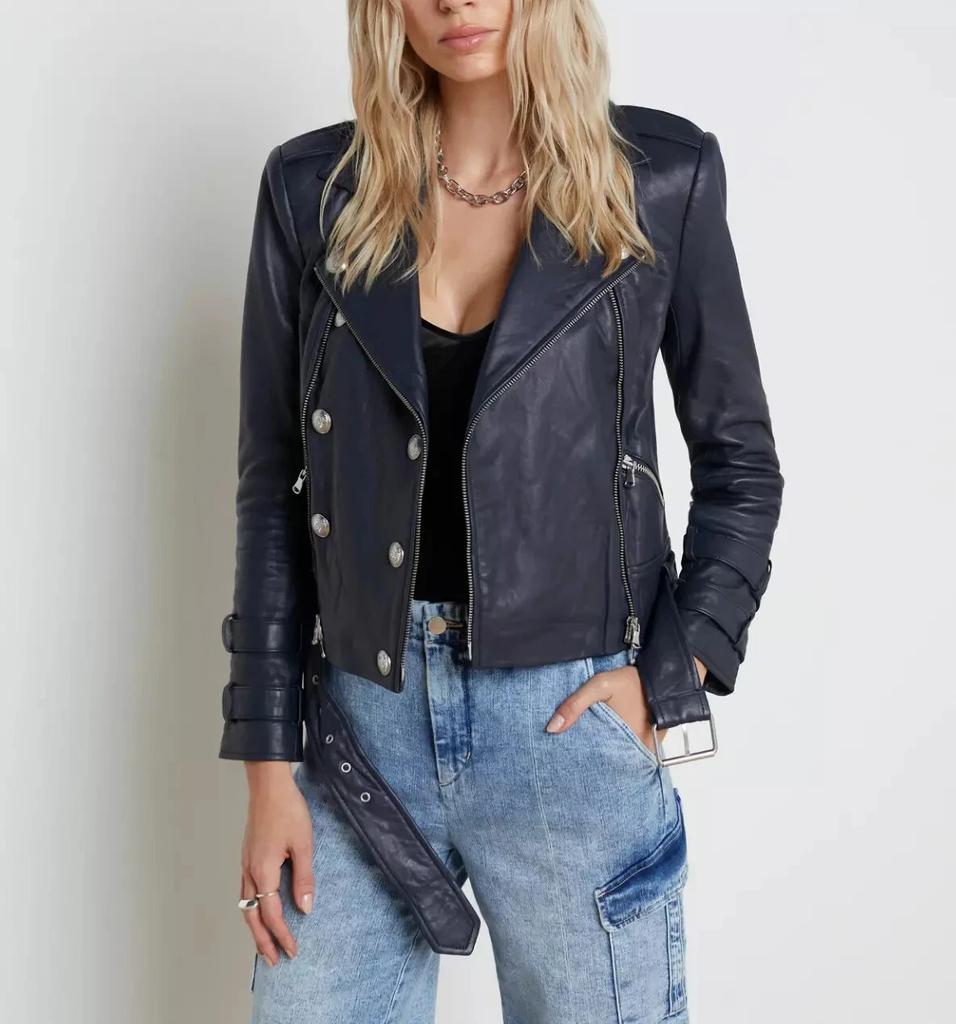 Stylish Navy Blue Women's Jacket Biker Real Lambskin Leather Motorcycle Style