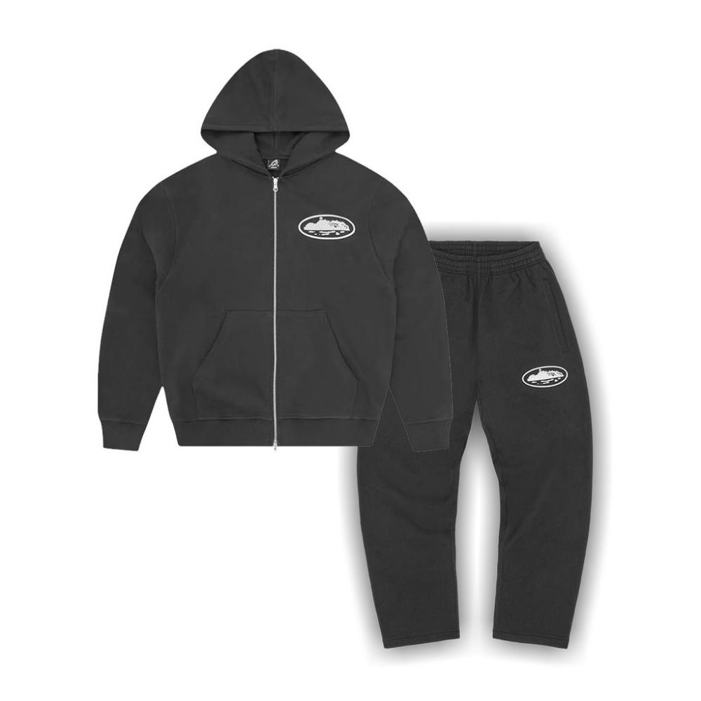 Amerykański Street Hip Hop Wyspa Diabła Nadrukowany Aksamitny Rozpinany Kardigan Bluza Zestaw Męskie i Damskie Modna Marka Płaskie Spodnie