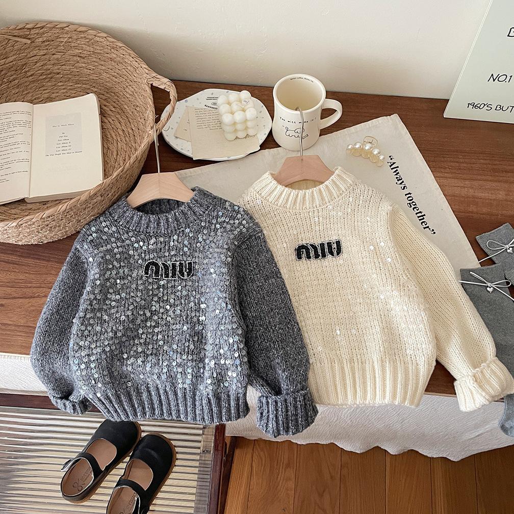 Girls' clothing autumn and winter new pullover top girls trendy heavy industry sequined letter embroidered sweater