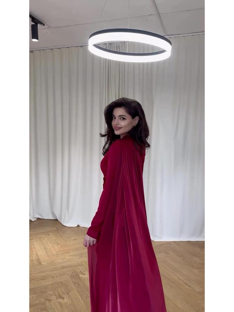 Rochie cu Șal din Catifea Toamna 2024: Mânecă lungă, Design splicing, Stil curte europeană și americană