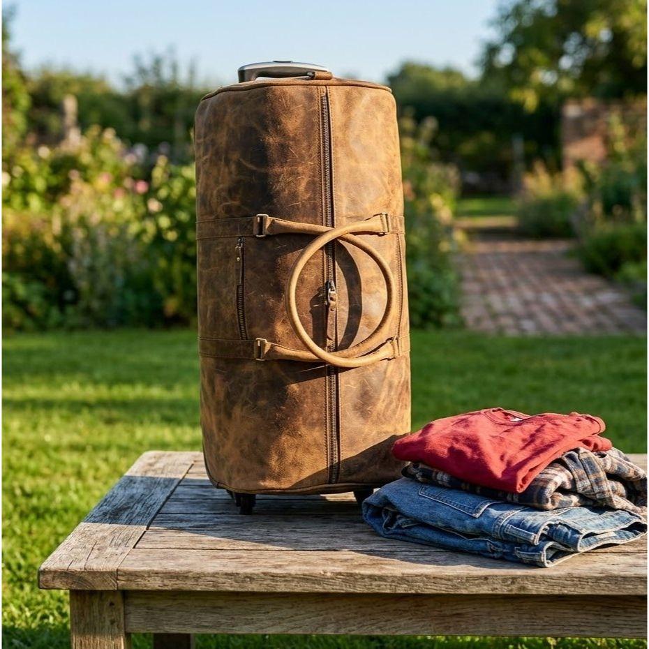 24 Inch Genuine Leather Trolly Duffel Travel Overnight Weekend Leather Bag Sports Gym Duffel Luggage Travel Bag For Men And Women