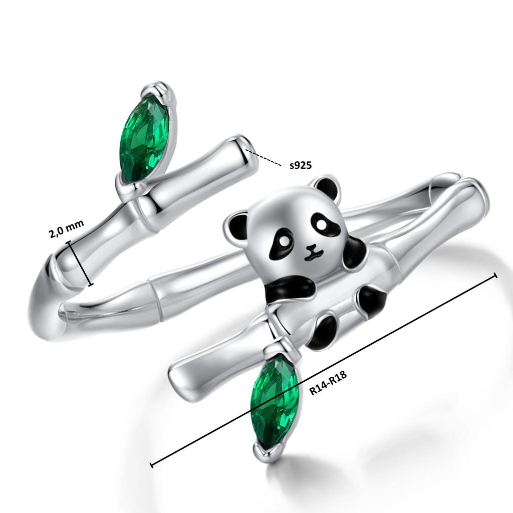 Silver adjustable panda ring on bamboo, silver 925