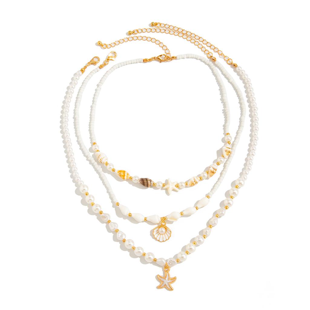Ocean Wind Oil Drip Starfish Scallop Shell Necklace Women'S Fashion Imitation Pearl Conch Beaded Necklace