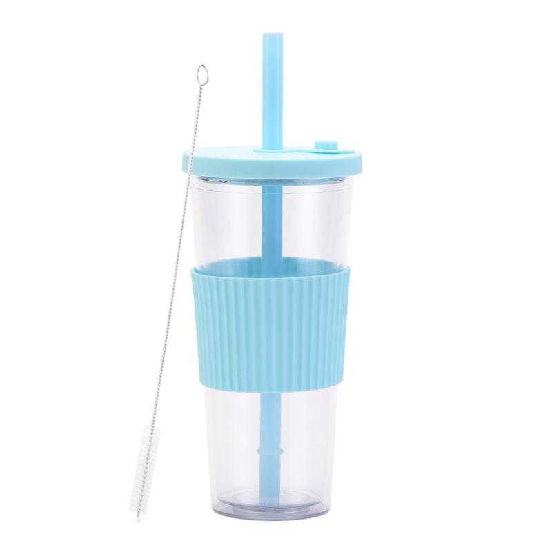 2025 Large Capacity Double Layer Plastic Cup Large Hole Straw Pearl Boba Milk Tea Cup Portable Outdoor Straw Cup