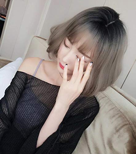 Brooklyn Wig with Bangs, 3D Gradient Hairstyle, Nape, Volume, Curly, Straight, Whorl, Heat Resistant, Natural Volume (Ash Gray Print)