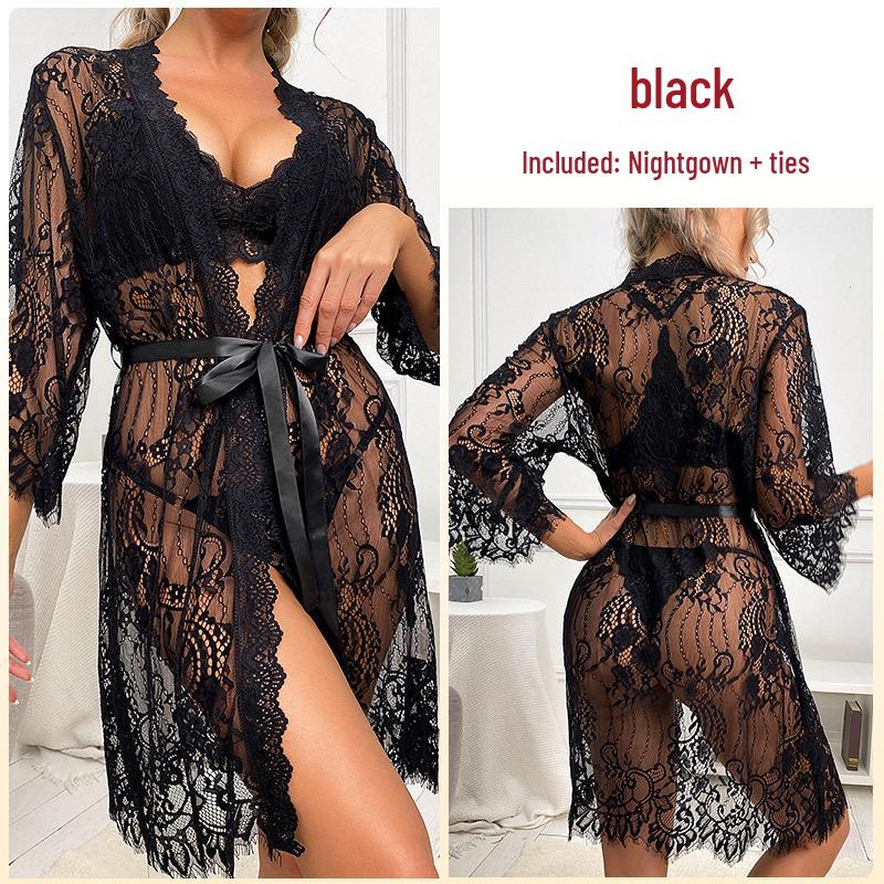Sexy síťkovaná krajková lemovaná průsvitná noční košile župan - Dámské domácí oblečení