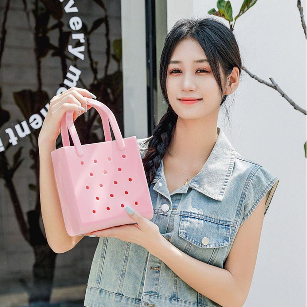 Waterproof Summer Beach Bag Solid Color Jelly Tote Bag Portable Rubber Hole Handbags  Baskets