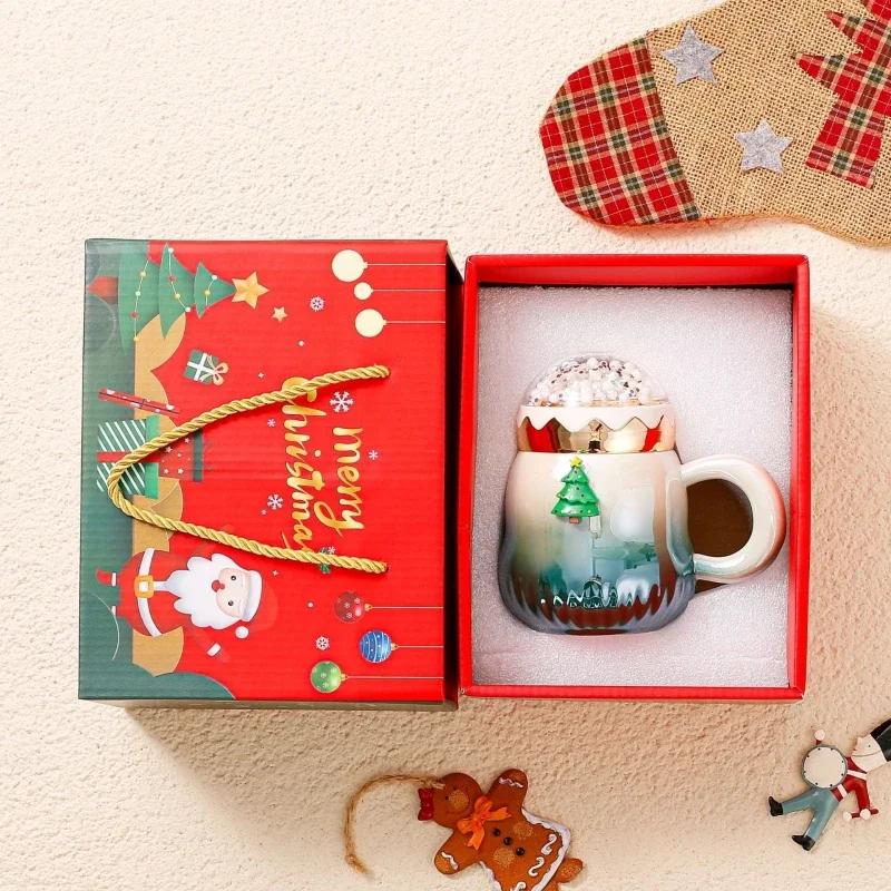500ml Christmas Mug with Lid Santa Claus Christmas Trees Pattern Ceramic Coffee Cup Home Office Decor New Year Xmas Gift Box