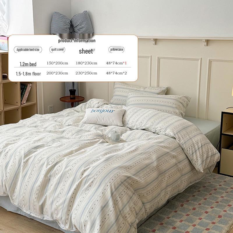 Skin-Friendly Striped Cotton Bedding Set - Fresh Style, 100% Pure Cotton, A-Class Quality, Four-Piece Set for Spring/Summer