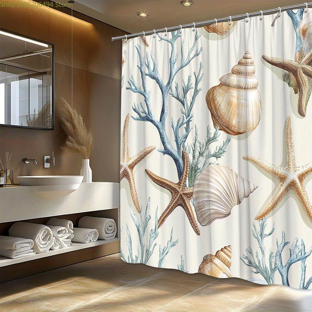 Ocean Bliss Shower Curtain with Beige & Light Brown Seashells, Starfish, and Coral Design – Coastal Beach Theme, Polyester Fab