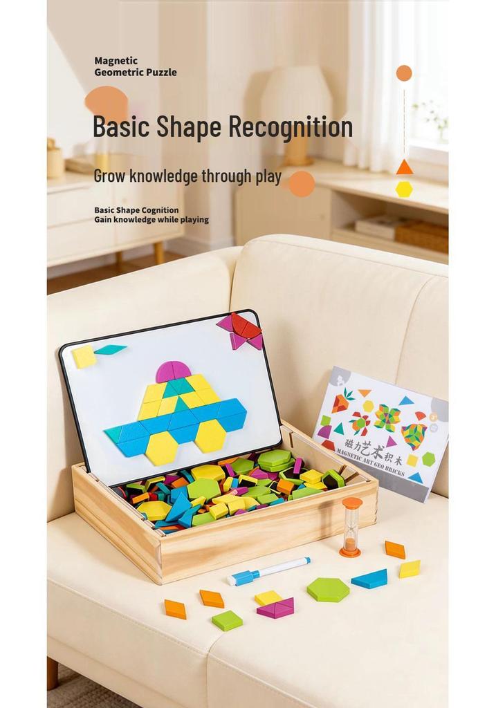 Magnetic Geometric Building Blocks: Children's Educational Wooden Puzzle for Early Learning and Parent-Child Interaction.