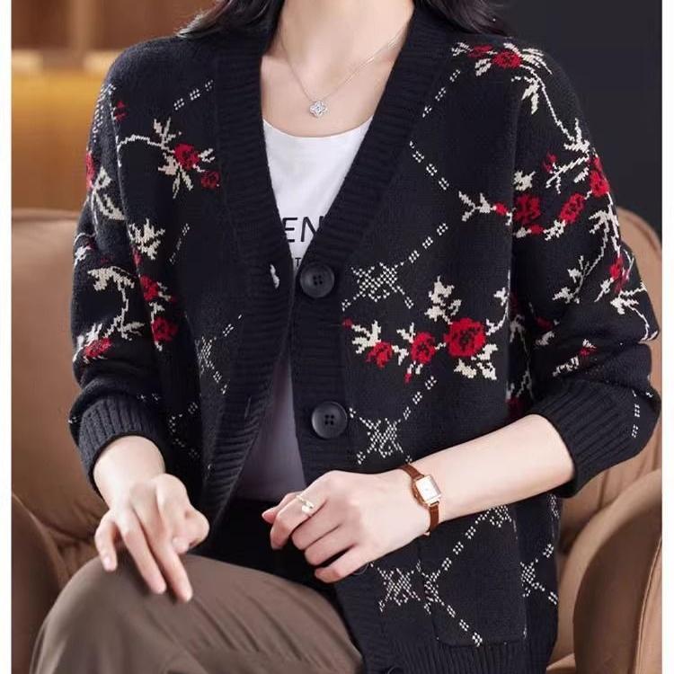 Autumn Winter Women's Plus Size Knitted Cardigan V-neck Printed Knitted Cardigan Sweater Jacket Knitted Top Outerwear.