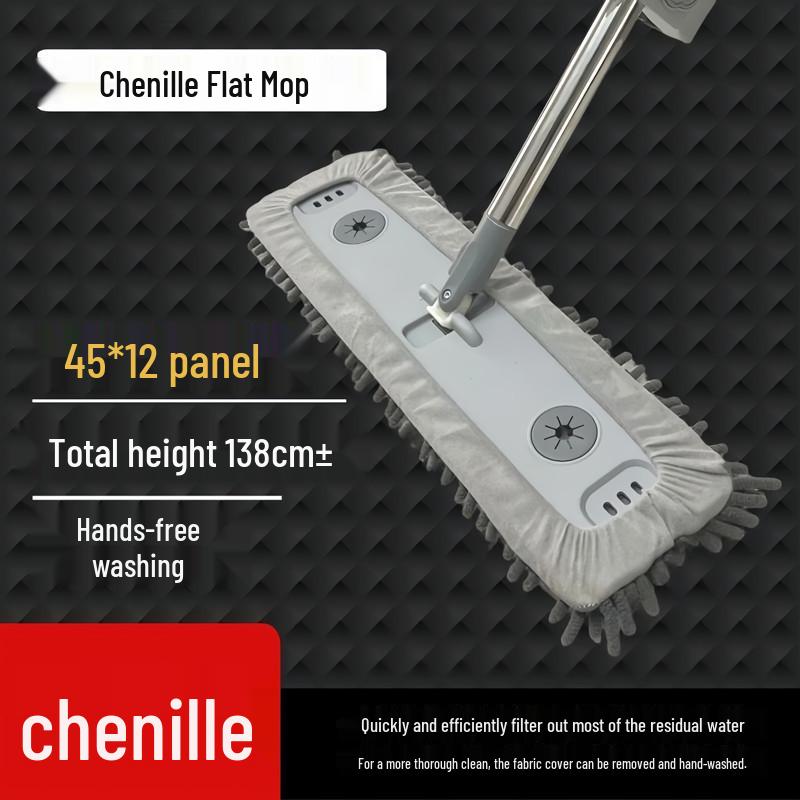 Hands-Free Chenille Mop: Aluminum Alloy, One-Pull Clean, Caterpillar Absorbent, Flat, for Dry & Wet Use