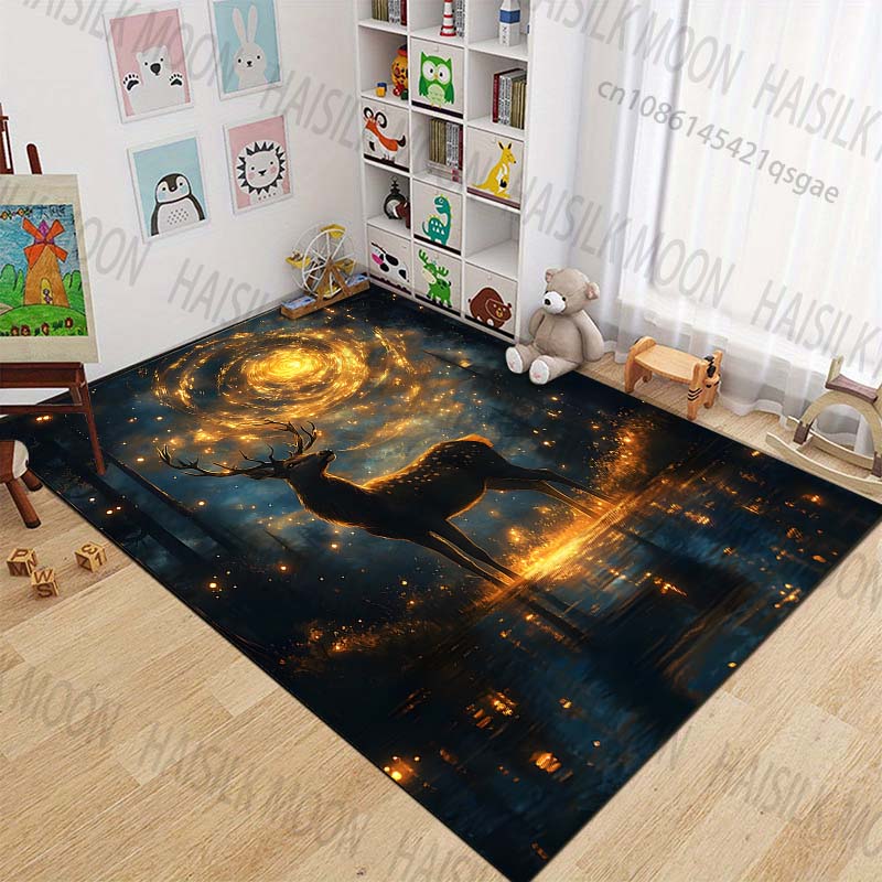 Enchanted Forest Deer Night Carpet for Living Room Bedroom Bedside Floor Mat Cloakroom Children Play Mat Area Rug Large Size