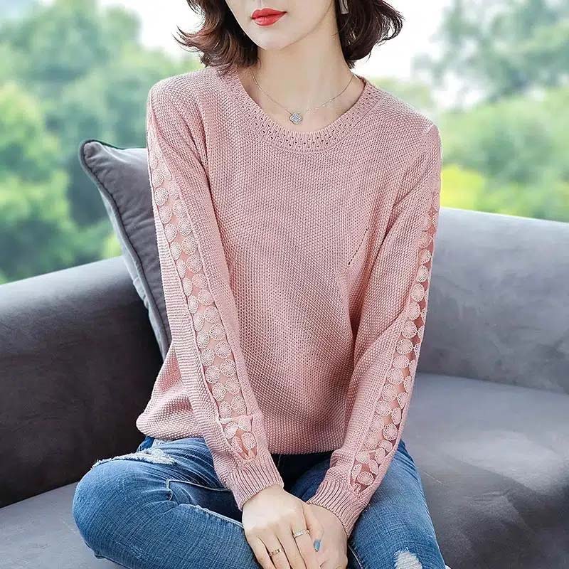 O-Neck Lace Pullover Sweater Loose Knitted Hollow Solid Top Spring Versatile Women's Knitwear