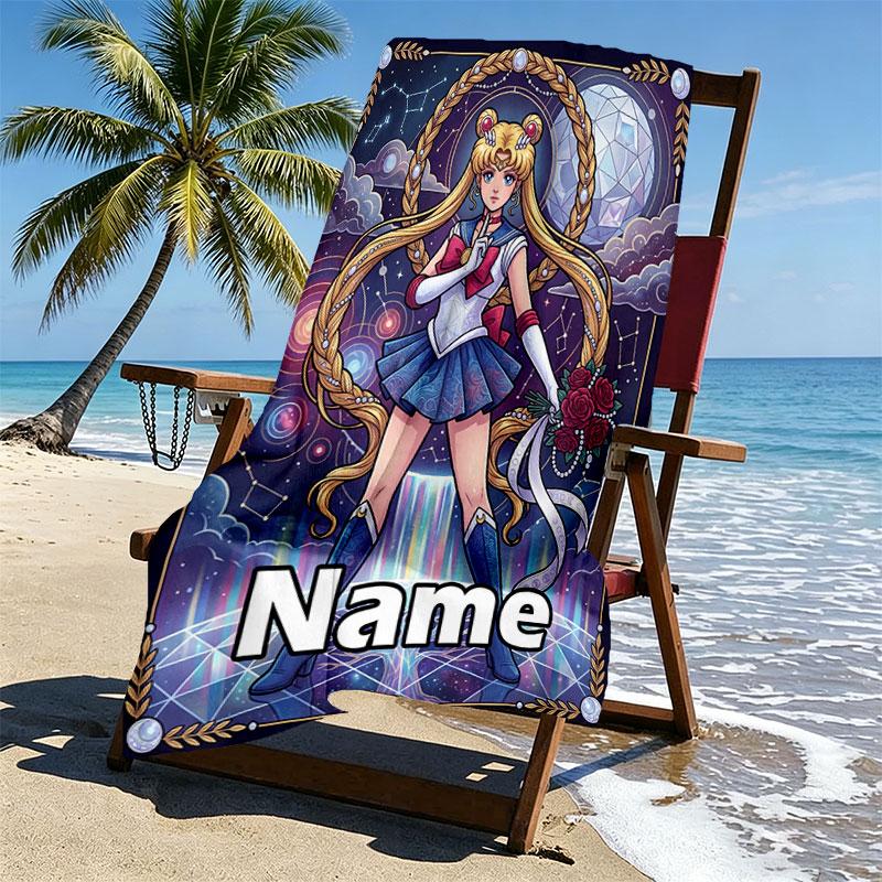 Custom Name Personalized Sailor Moon Print Beach Towel, for Trip Camping Beach Party Home Decor, Birthday Gift for Family & Friends