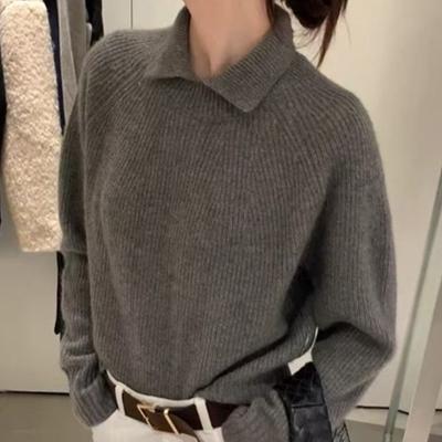 Damski Jesienno-Zimowy Sweter w Koreańskim Stylu, Wykwintny Mały Klapkowy Dekolt, Minimalistyczny, Wszechstronny, Luźny, Dopasowany, Dzianinowy Top, Gruba Warstwa Bazowa