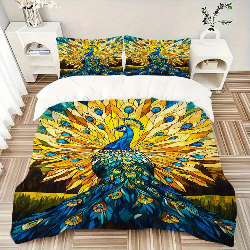 3pcs Peacock StainedGlass Bedding Cover Set, Fashion Classic Popular Print Bedding Set, Soft Comfortable, All Season Use, For Bedroom, Guest Rooma