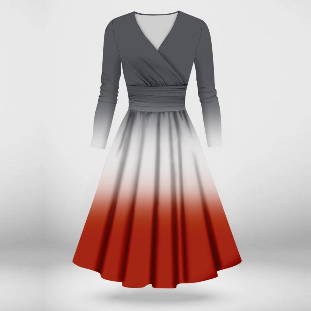 Dámské ležérní a módní sexy šaty s dlouhým rukávem a výstřihem do V s přechodem