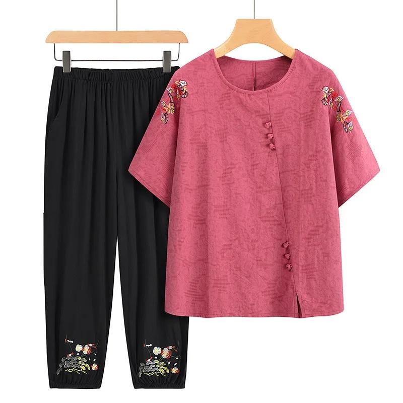 Summer Set for Middle-Aged Women Short Sleeve Pure Cotton Mom T-Shirt plus Size Grandma Clot