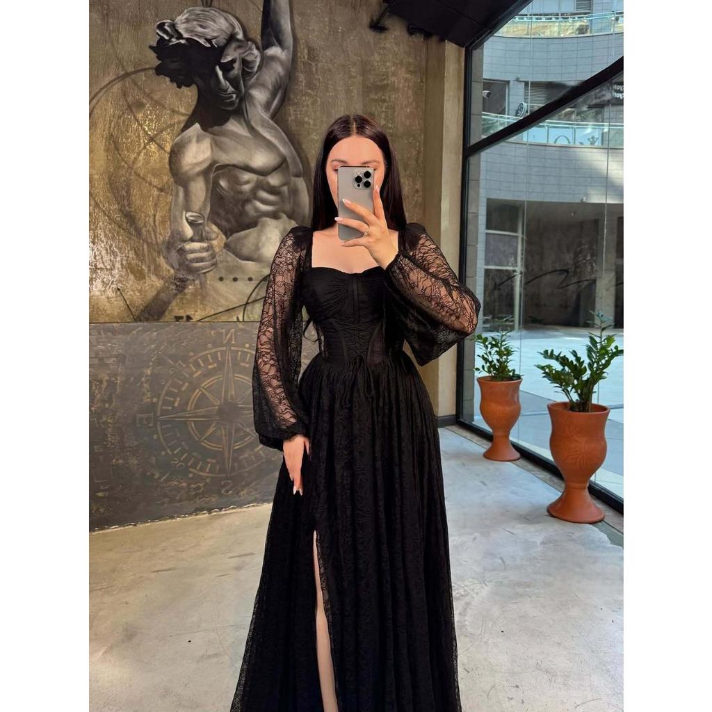 New Lace Waist Cinched Long Sleeve Maxi Dress, Elegant Evening Party Gown, European Style Long Dress for Women