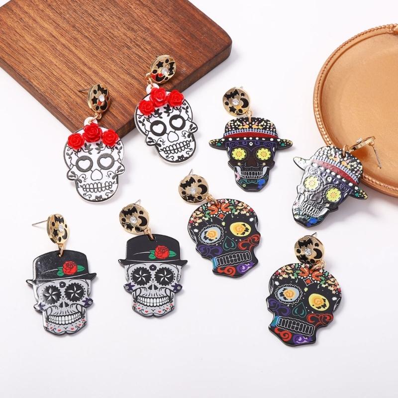 Halloween Acrylic Skull Drop Dangle Earrings Pair, Statement Jewelry for Party Outfits, Costume Wear and Seasonal Styling