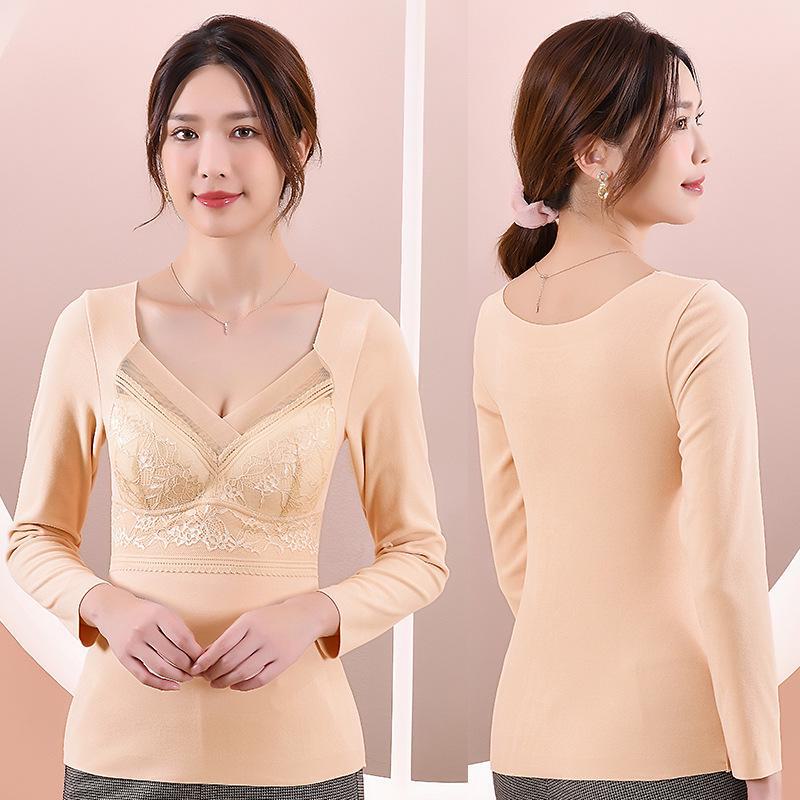 Women's Velvet Lace Seamless Long-Sleeve Top with Built-In Chest Pad