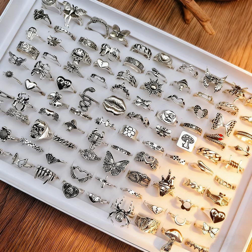 10/20/30/50Pieces Retro Punk Skull Butterfly Rings Set For Women Men Mix Style Gothic Vintage Heart Snake Jewelry Party Gifts