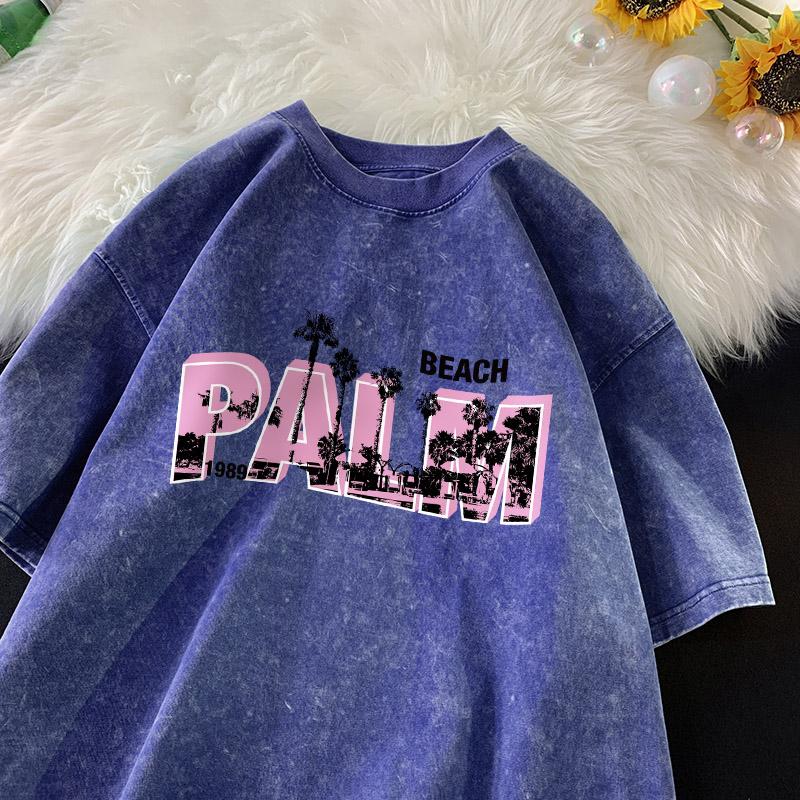 Palm Beach Print T-shirt Men Pink Letter Shirt Cotton Vintage Washed Tee Street Soft Comfort T-shirts Men Clothing