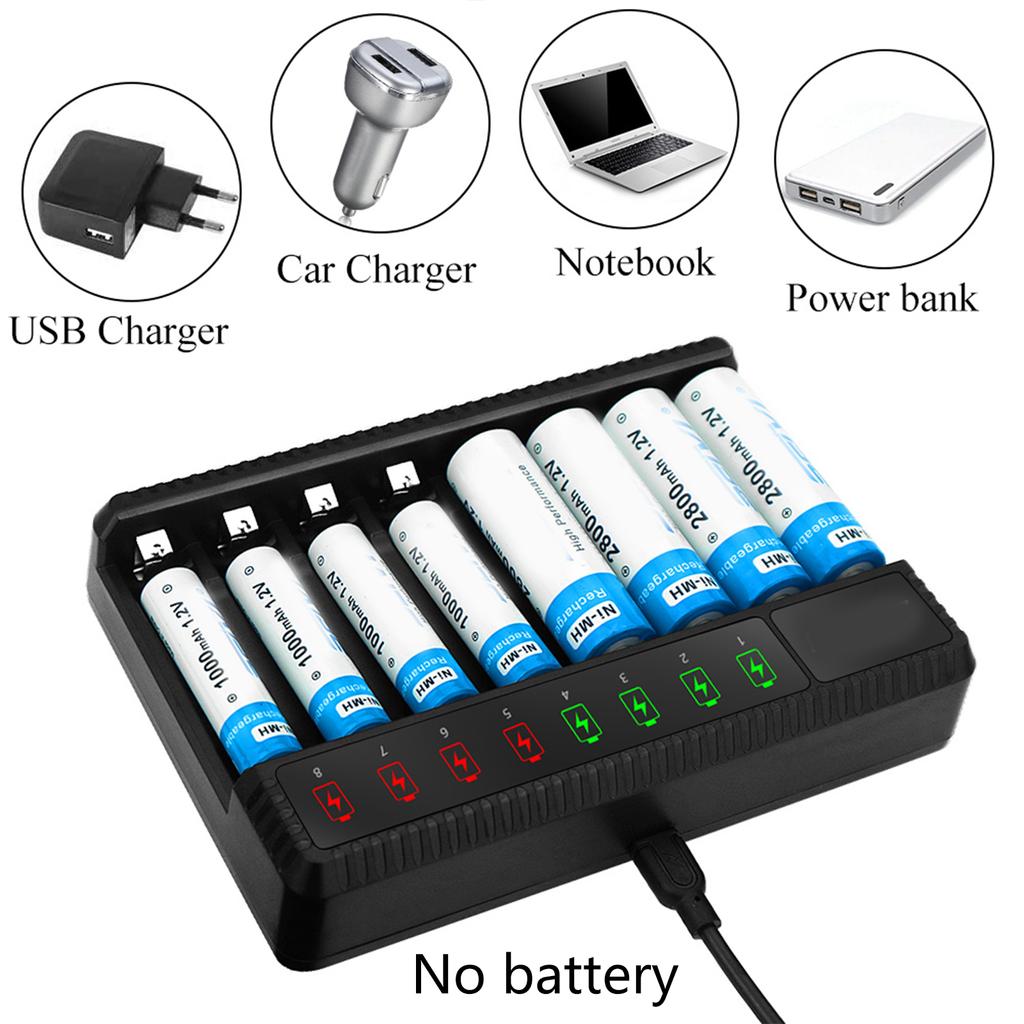 8 Bay AA AAA Battery Charger LCD USB C High-Speed Charging Independent Slot for NiMH NiCD Rechargeable Batteries