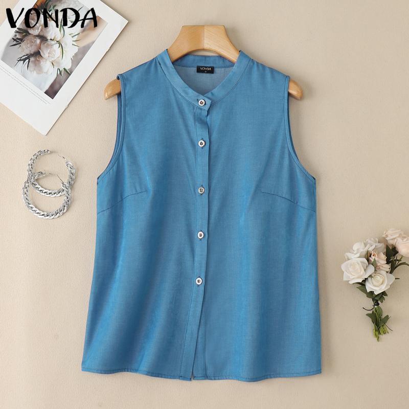 

VONDA Женские повседневные однотонные майки без воротника и рукавов на пуговицах 5XL светло-синий