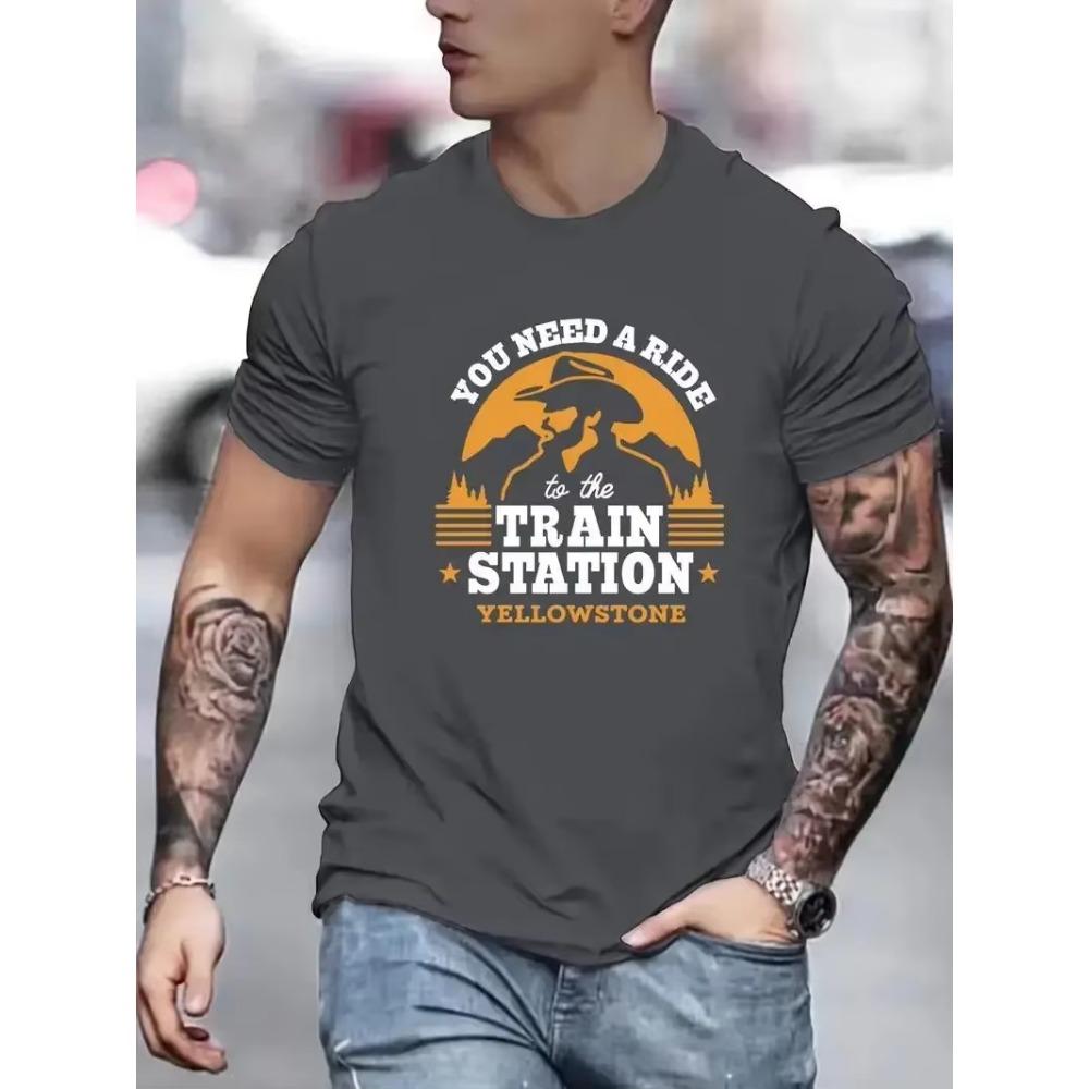 "Train Station" Pattern Cotton Printing Men's Comfortable Chic Pattern T-Shirt Men's Summer Outdoor Men'sClothing Men's Top Gift