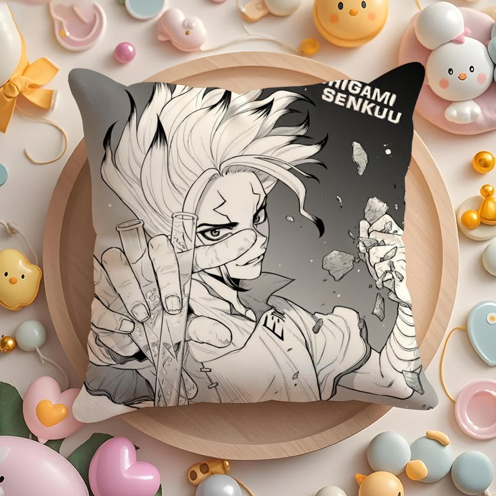 D-Dr.Stone Anime Cushion Cover Plush Fabric Soft Double-Sided Printed Sofa Warm Winter Home Gift Pillow Cover