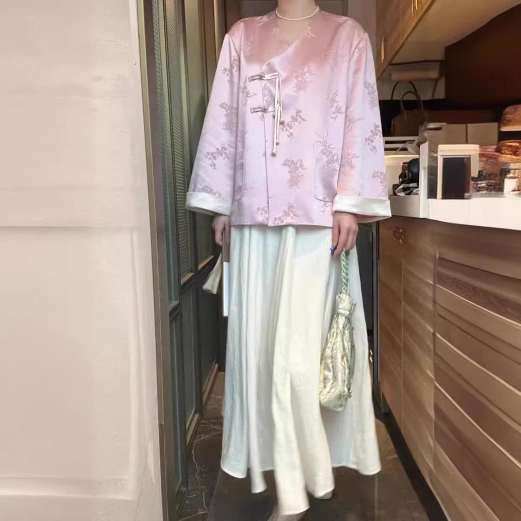 2024 Cool Zen-Style Women's Pink Hanfu Shirt Jacket for Early Autumn