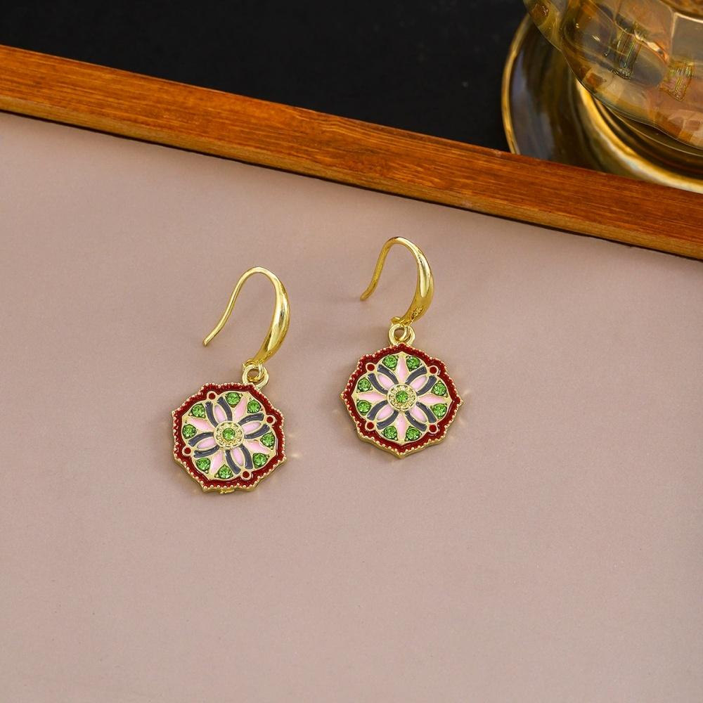 New Chinese style light luxury high-end earrings, women's antique style diamond inlaid geometric circular patterned earrings
