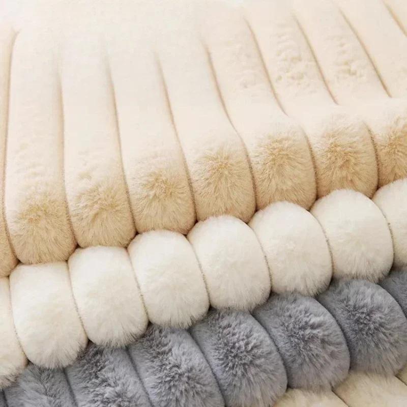 Gray Straight Stripe Sofa Towel Rabbit Plush Warm Sofas Cover Thicken L Non-slip Couch Cushion Living Room Slipcovers Home Decor