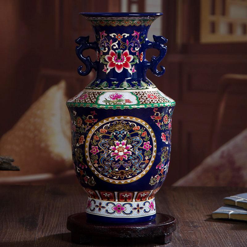 Jingdezhen Enamel Classical Ceramic Double Ear Vase Decoration Items Home Livingroom Accessories Office Desk Porcelain Ornaments